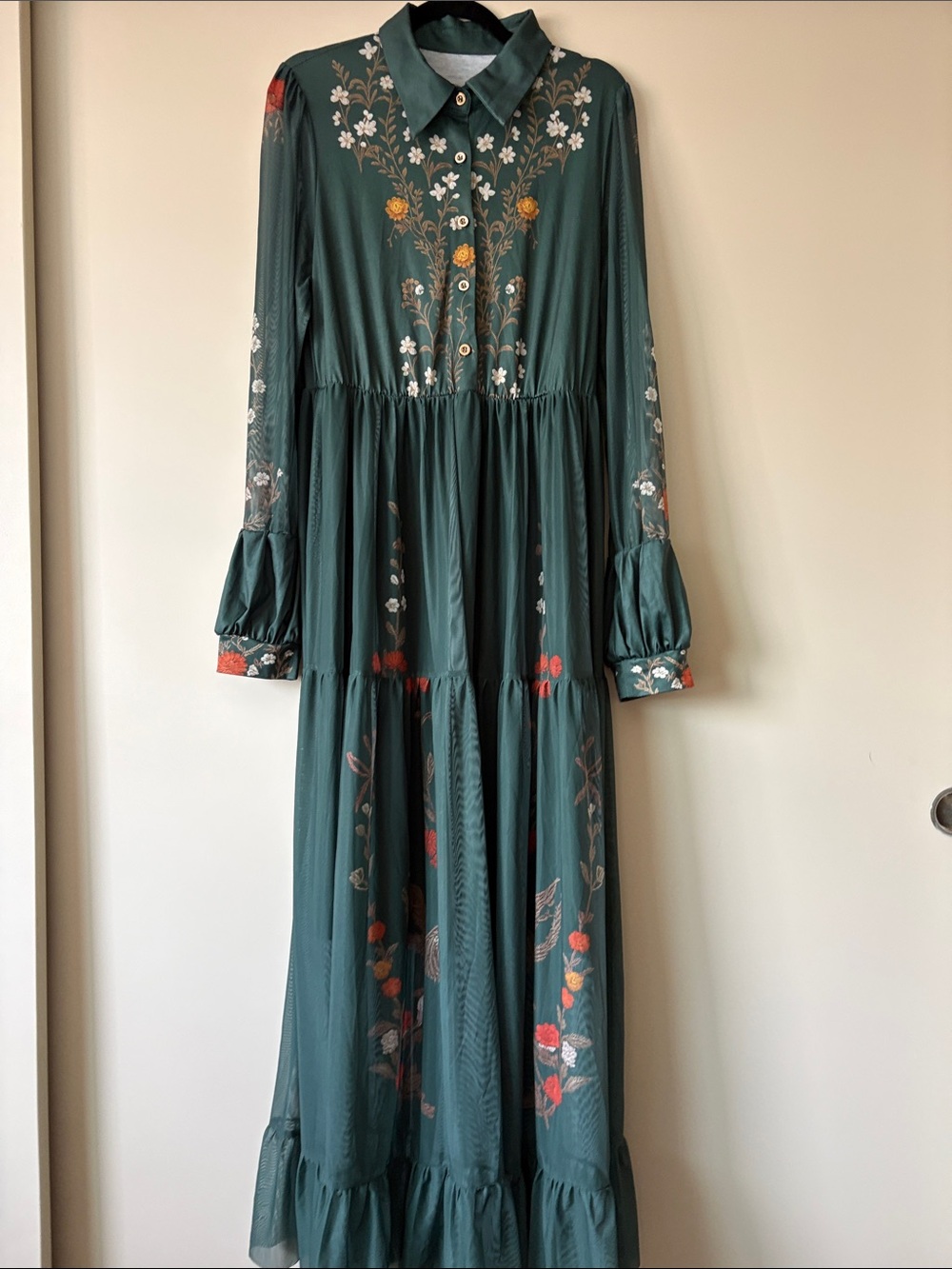 Beautiful Boho Printed Forest Green Maxi Dress with Button-Front Bodice